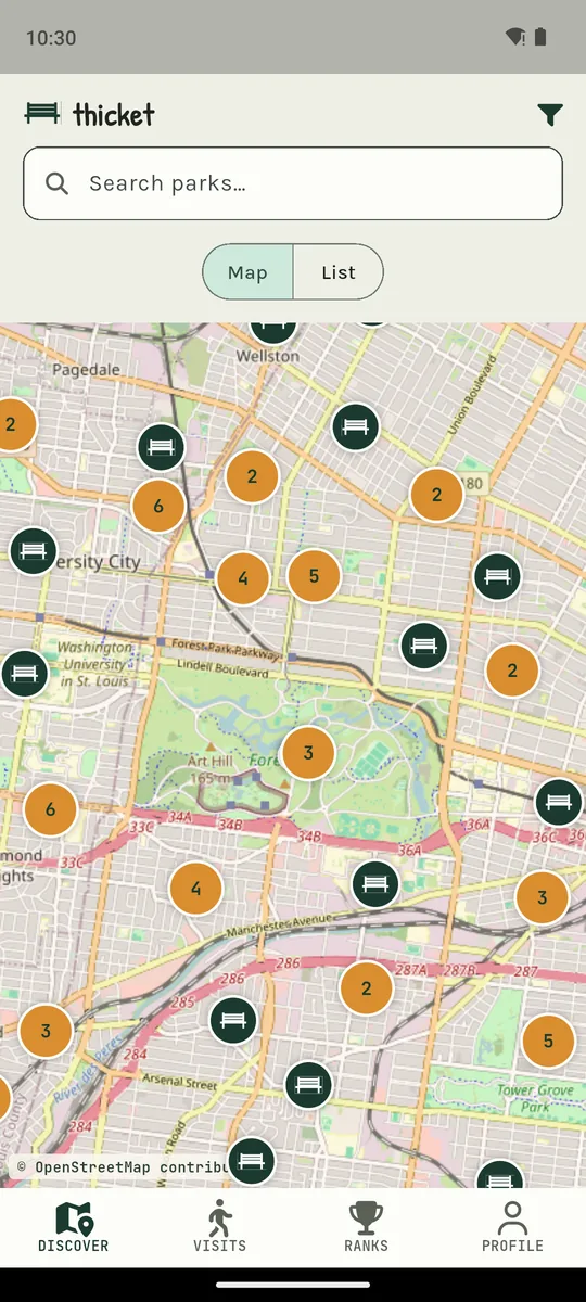 Map of nearby parks in the thicket app