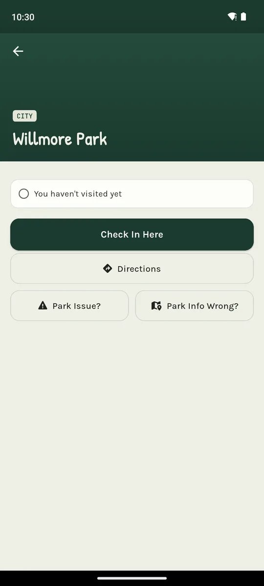 Check-in screen for a park in the thicket app