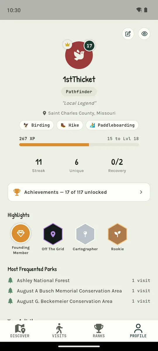 Profile screen showing level, streak and parks visited in the thicket app
